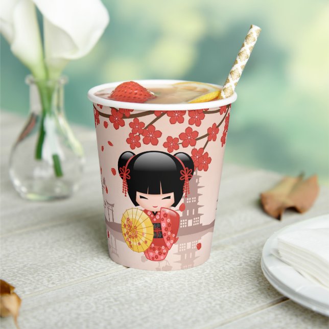 Red Sakura Kokeshi Doll - Japanese Geisha Paper Cups (Insitu)