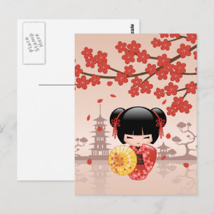 Red Sakura Kokeshi Doll - Japanese Geisha Postcard