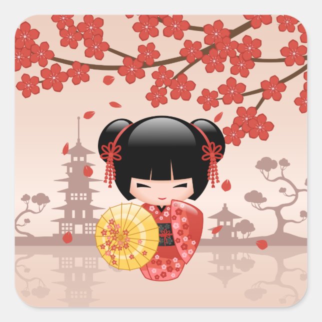 Red Sakura Kokeshi Doll - Japanese Geisha Square Sticker (Front)