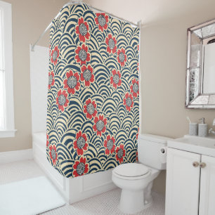 Red Sakura Navy Wave Cream Japanese Pattern