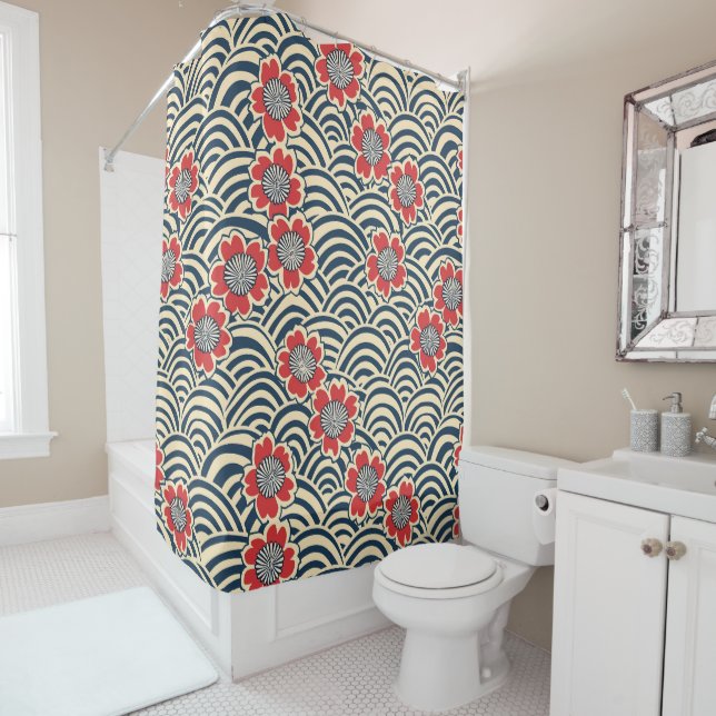 Red Sakura Navy Wave Cream Japanese Pattern (In Situ)