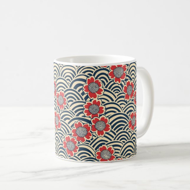 Red Sakura Navy Wave Cream Japanese Pattern Coffee Mug (Front Right)