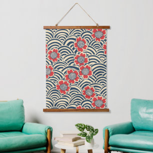 Red Sakura Navy Wave Cream Japanese Pattern Hanging Tapestry