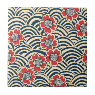 Red Sakura Navy Wave Cream Japanese Pattern Tile