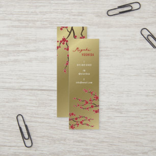 Red Sakura Oriental Cherry Blossoms Stylish Gold Mini Business Card