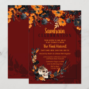 Red Samhain Floral Skull Halloween Party Invitation
