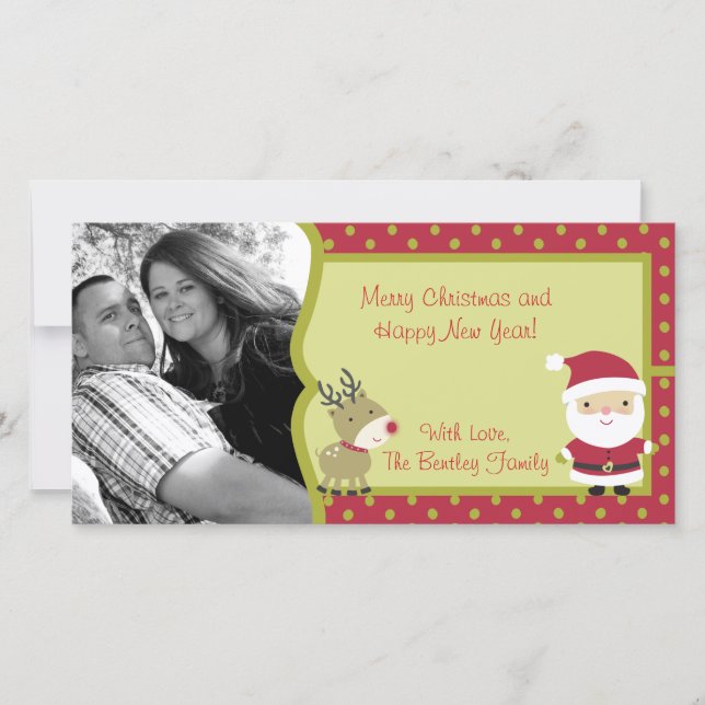 Red Santa and Reindeer Personalized Photo Card (Front)