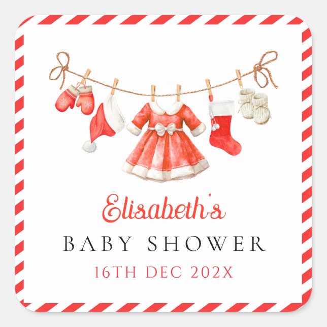 Red Santa Baby Baby Shower Square Sticker (Front)