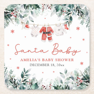 Red Santa Baby Christmas Baby Clothes Baby Shower Square Paper Coaster