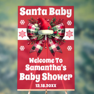 Red Santa Baby Christmas Bow Baby Shower Welcome Acrylic Sign
