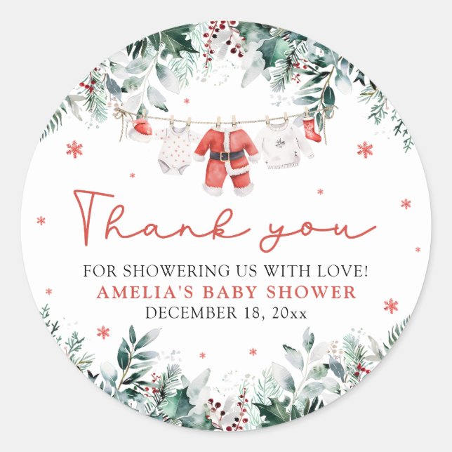 Red Santa Baby Christmas Clothesline Baby Shower Classic Round Sticker (Front)