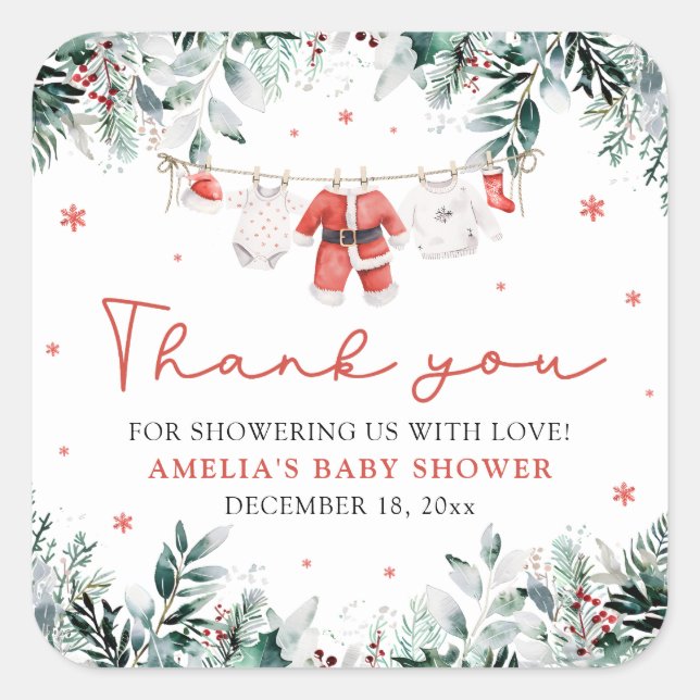 Red Santa Baby Christmas Clothesline Baby Shower Square Sticker (Front)