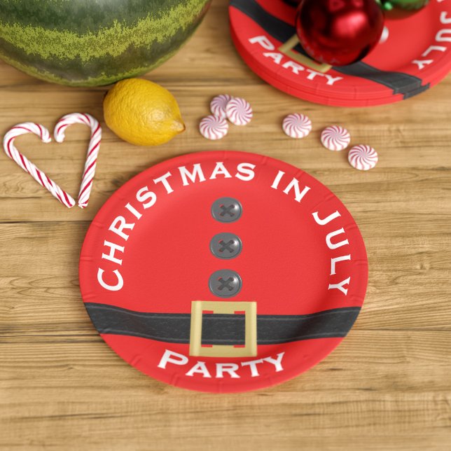 Red Santa Christmas in July Custom Paper Plate (Fun and festive red Christmas in July paper plates just for you)