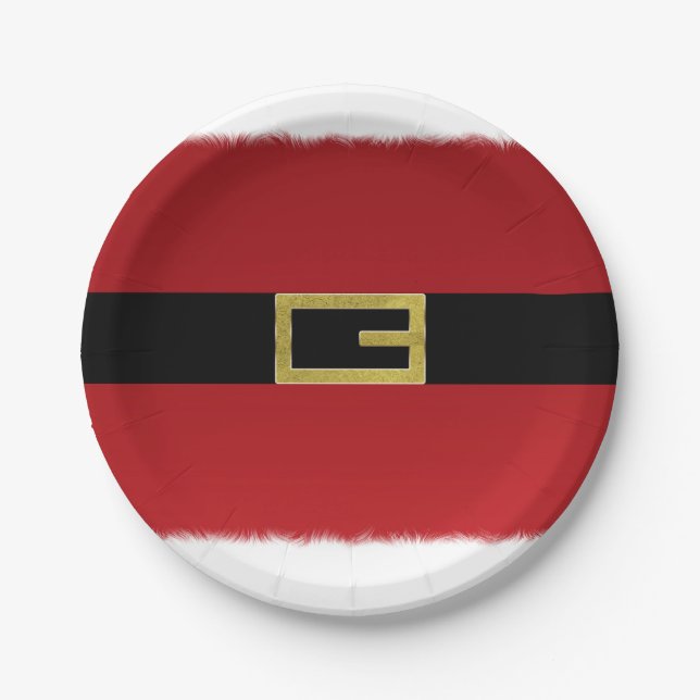 Red Santa Claus Belt & White Fur Christmas Paper Plate (Front)