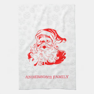 Red Santa Claus White Snowflakes Kitchen Towel