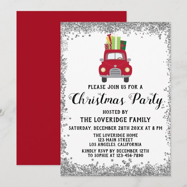Red Santa Gifts Holiday Christmas Party Silver Invitation (Front/Back)