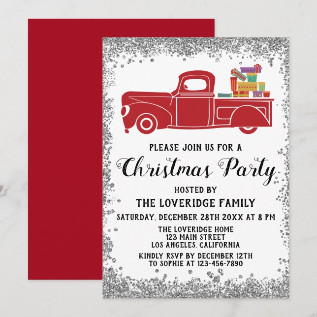 Red Santa Gifts Holiday Christmas Party Silver Invitation (Front/Back)