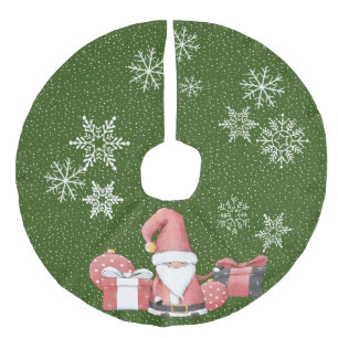 Red Santa Gnome with Gifts Faux Linen Tree Skirt