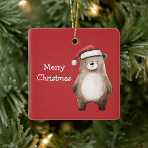 Red Santa Hat Bear Christmas Ceramic Ornament
