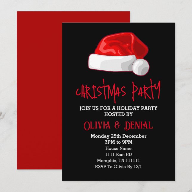 Red Santa Hat Christmas Holiday Black Card (Front/Back)