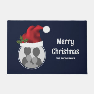 Red Santa Hat Custom Photo Template On Blue Doormat