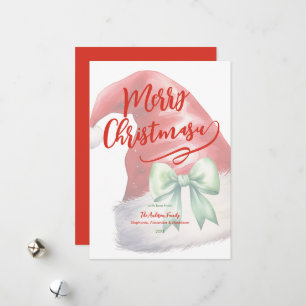 Red Santa Hat Green Bow Personalized Holiday Card