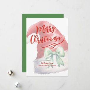 Red Santa Hat Green Bow Personalized Holiday Card