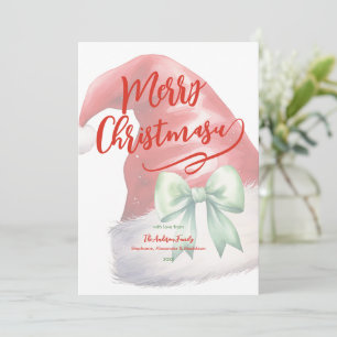 Red Santa Hat Green Bow Personalized Holiday Card