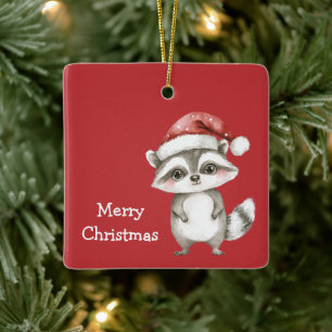 Red Santa Hat Hedgehog Moose Christmas Ceramic Ornament