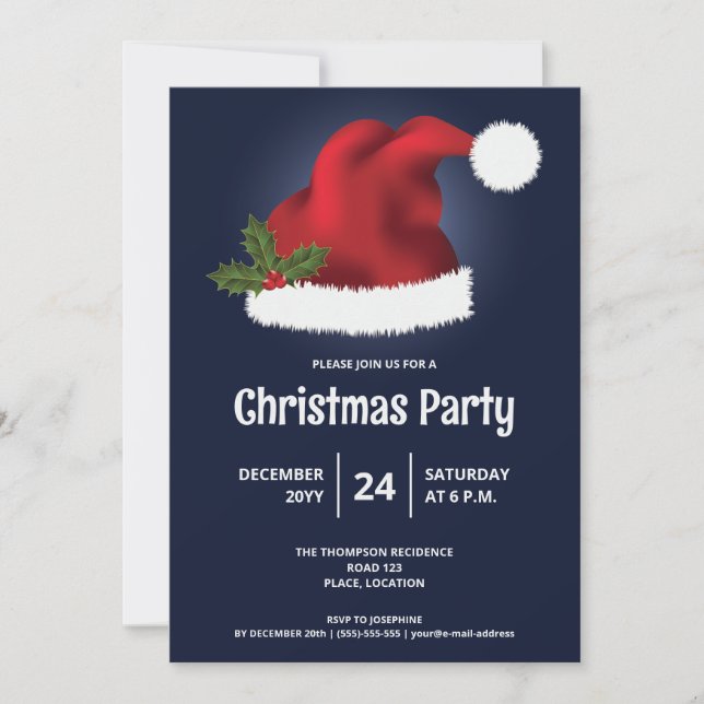 Red Santa Hat On Blue - Festive Christmas Party Invitation (Front)