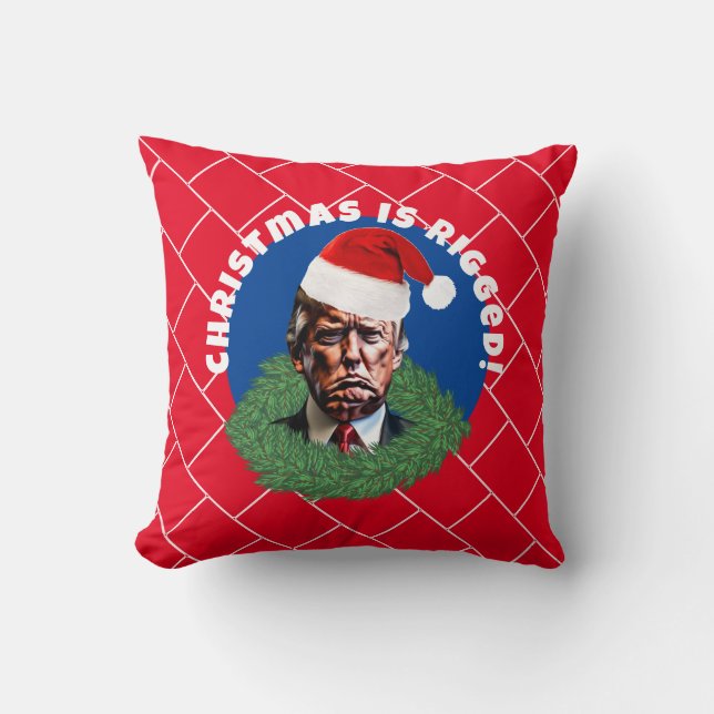  Red Santa Hat Trump Rigged Christmas Throw Pillow (Front)