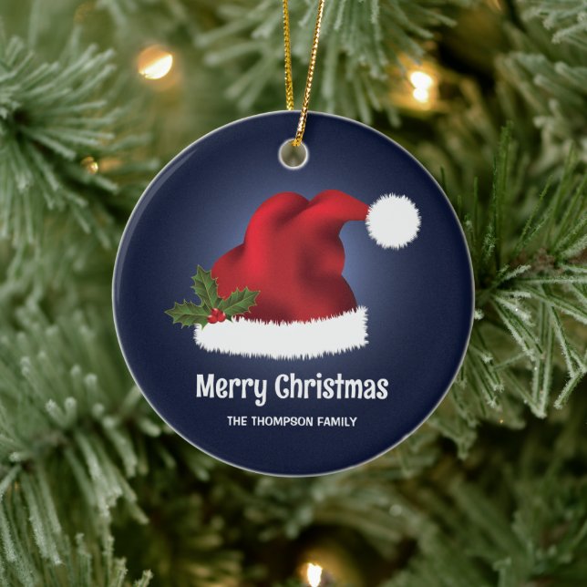 Red Santa Hat With Christmas Holly On Blue Ceramic Ornament (Tree)