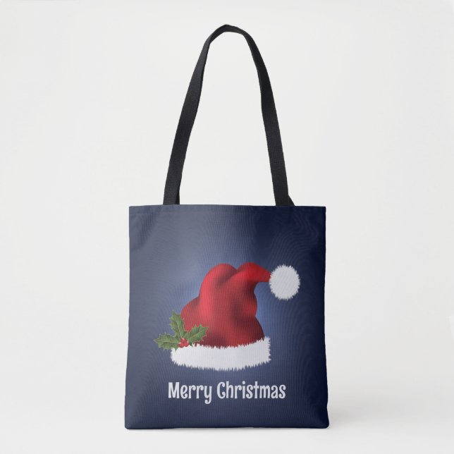 Red Santa Hat With Christmas Holly On Blue Tote Bag (Front)