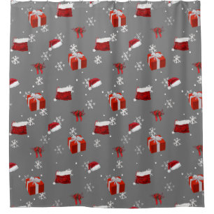 Red Santa Hats and Presents on Charcoal Background