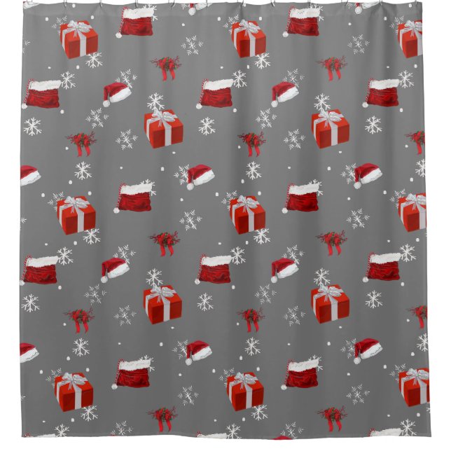 Red Santa Hats and Presents on Charcoal Background (Front)