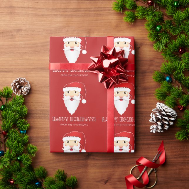 Red Santa Head Pattern Happy Holidays Custom Name Wrapping Paper (Holiday Gift)