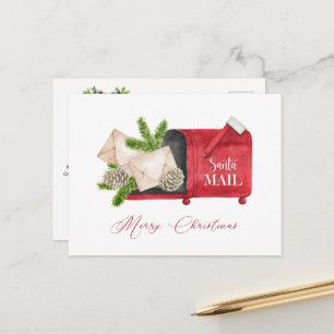 Red Santa Mailbox with Pinecones and Pine Boughs Postcard