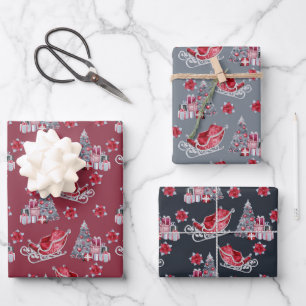 Red Santa Sleigh and Trees on Red, Grey and Black  Wrapping Paper Sheet