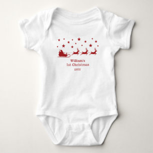 Red Santa Sleigh My First Christmas & Custom Name Baby Bodysuit