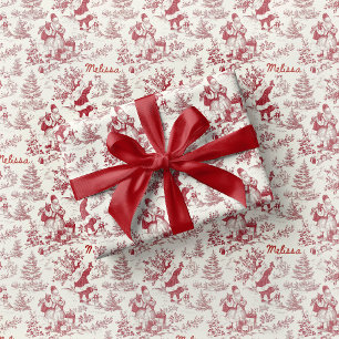 Red Santa Toile Wrapping Paper Vintage