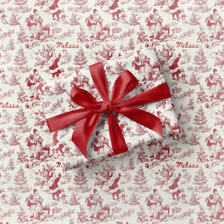 Red Santa Toile Wrapping Paper Vintage