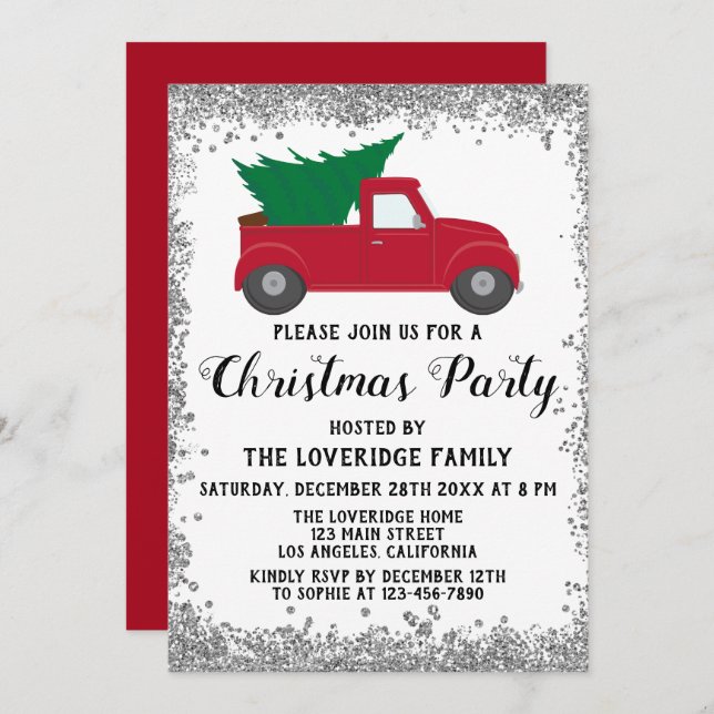 Red Santa Xmas Tree Holiday Christmas Party Silver Invitation (Front/Back)