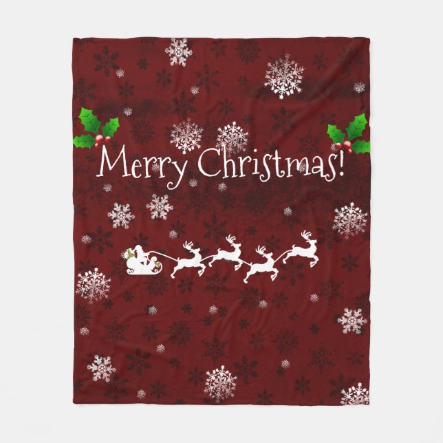 Red Santa's Sleigh and Reindeer Fleece Blanket (Front)