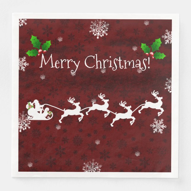 Red Santa's Sleigh and Reindeer Paper Napkin (Front)