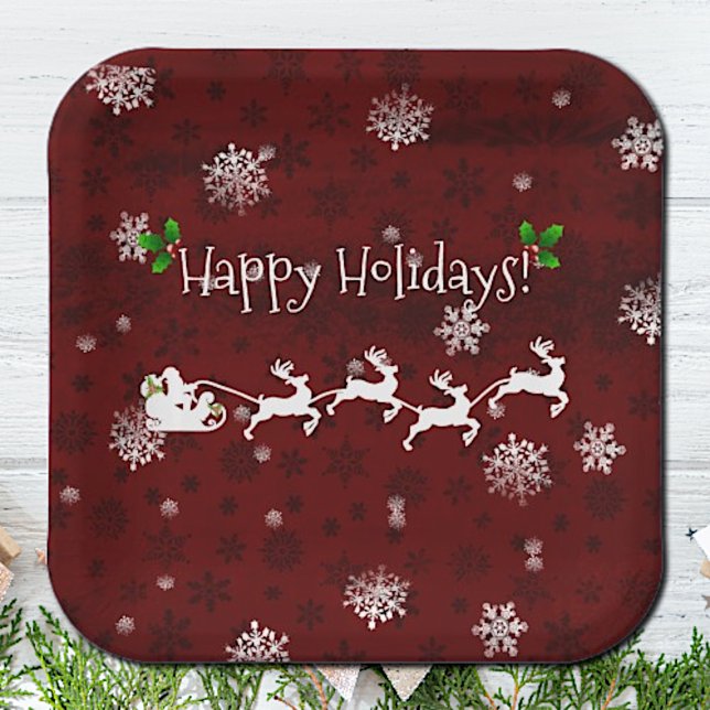 Red Santa's Sleigh and Reindeer Paper Plate (Red Santas Sleigh and Reindeer Christmas Paper Plates)