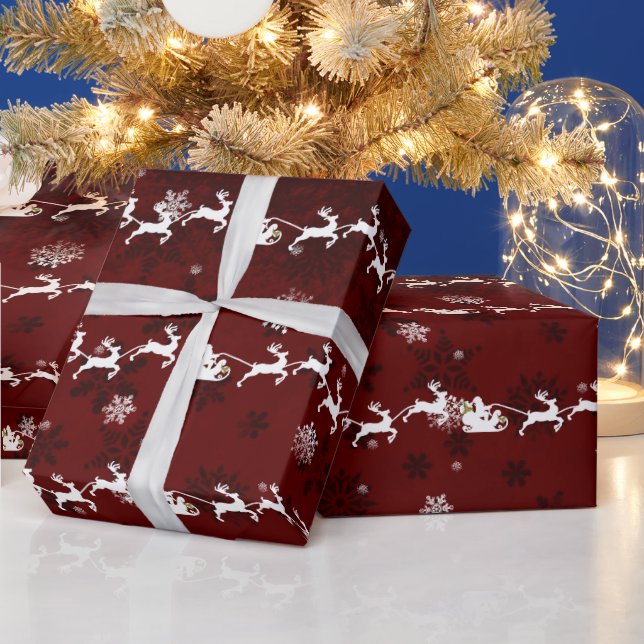 Red Santa's Sleigh and Reindeer Wrapping Paper (Holidays)