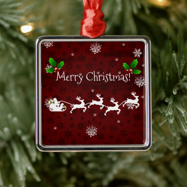 Red Santa's Sleigh & Reindeer Ceramic Ornament (Tree)