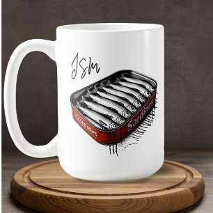 Red Sardine Art Tin Custom Monogram Name Coffee Mug
