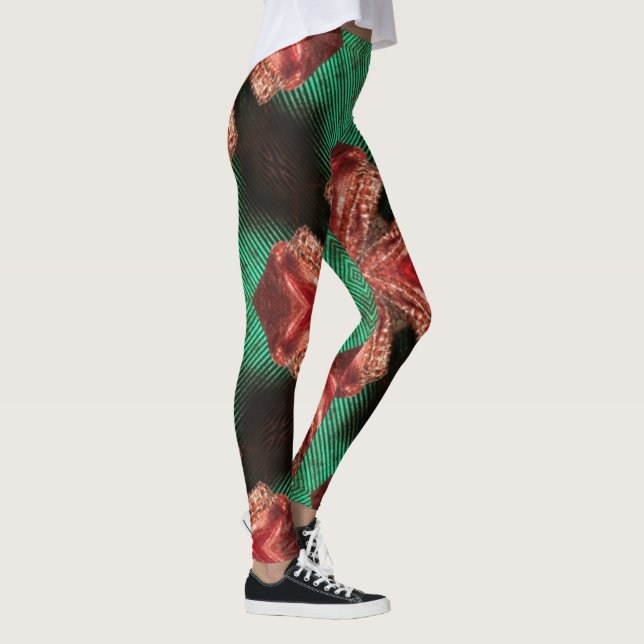 Red  Satin Bow Green Crisscross Ribbon Design  Leggings (Right)