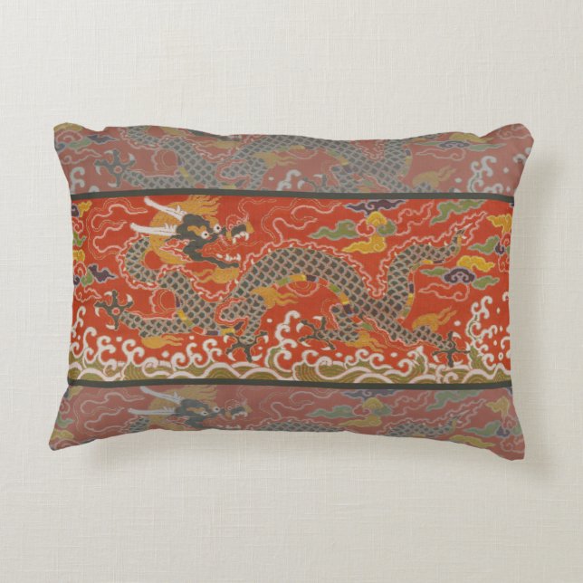 Red Satin Brocade with Cloud Chinese Dragon Accent Pillow (Back)